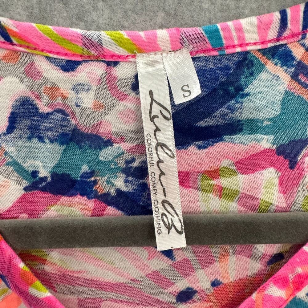 Lulu B Tropical Floral V-Neck T-Shirt Sz S Pink Blue Coastal Beach Cotton Bright - Picture 3 of 7